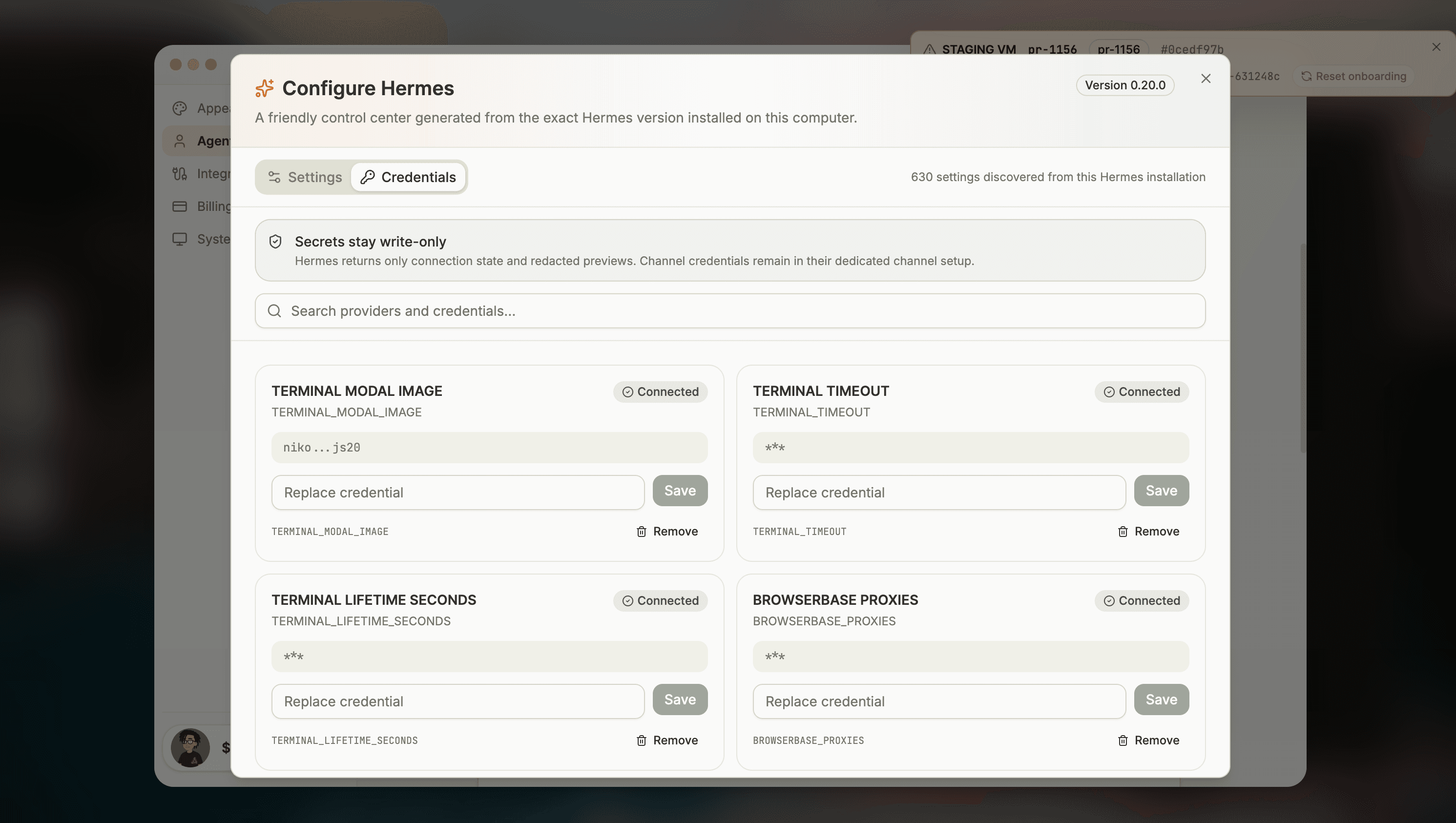 Hermes credentials in Settings, showing write-only provider keys and redacted status