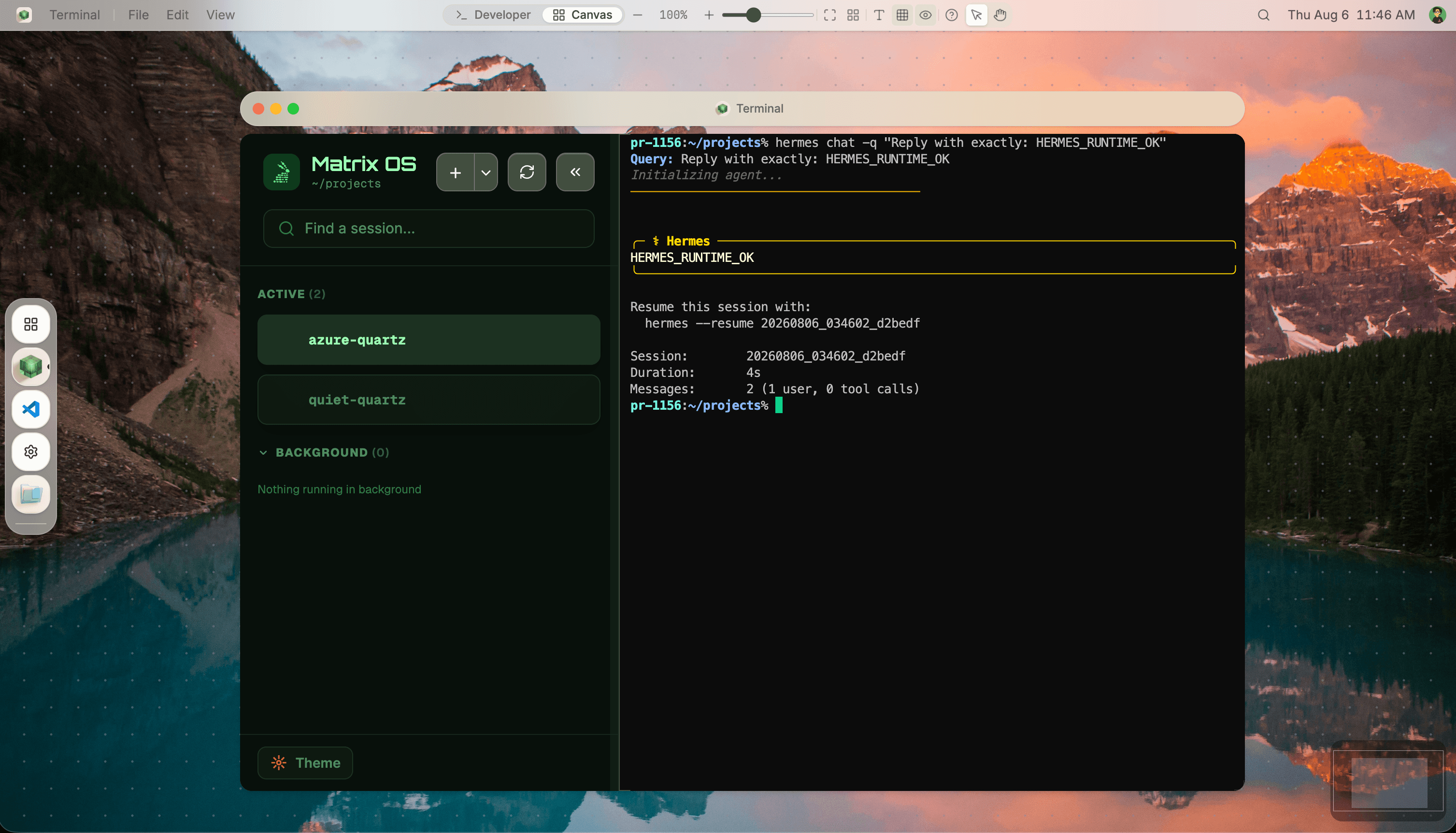 Hermes returning HERMES_RUNTIME_OK in the Matrix Terminal