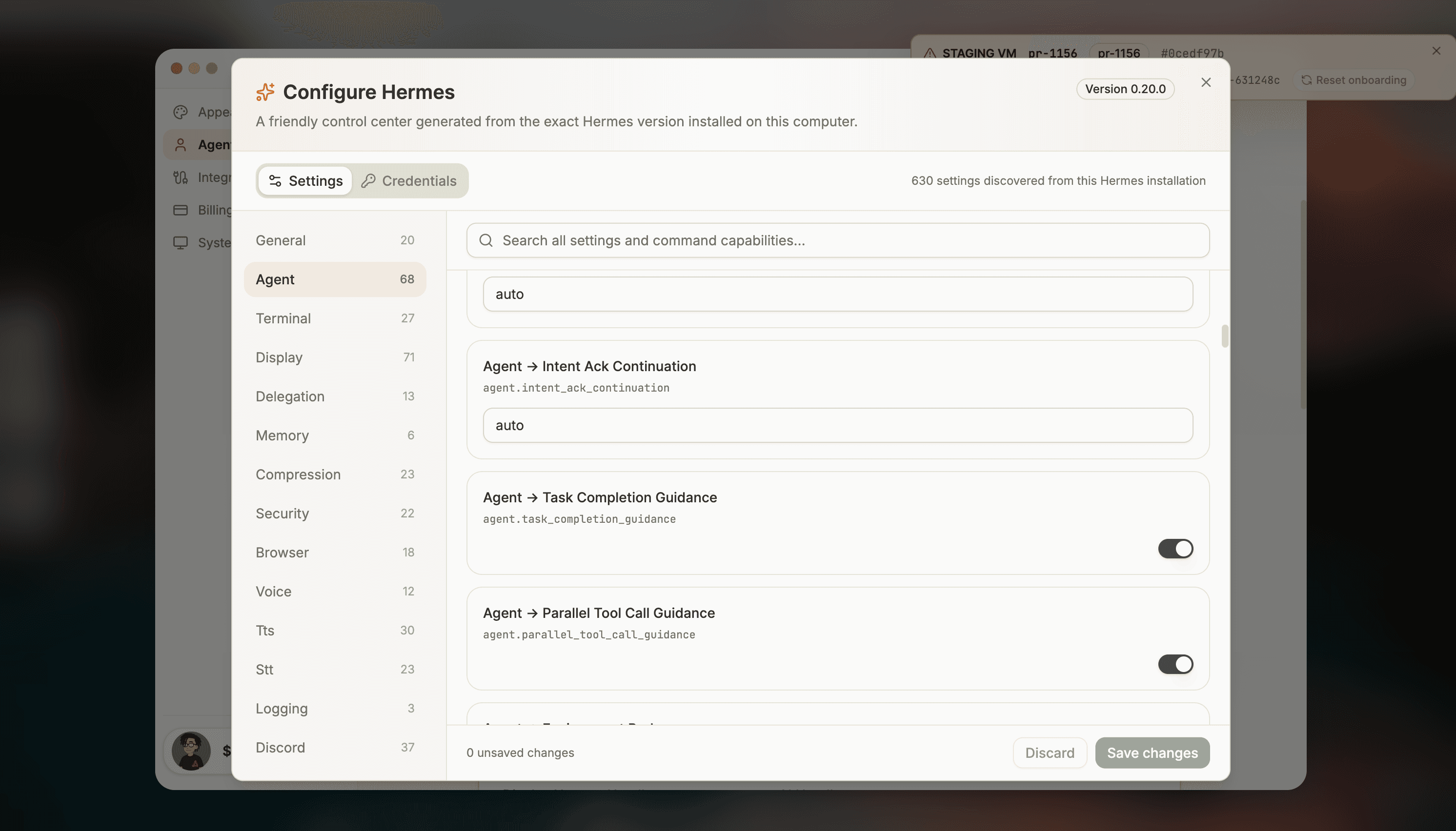 Hermes configuration in Settings, with searchable categories and typed controls