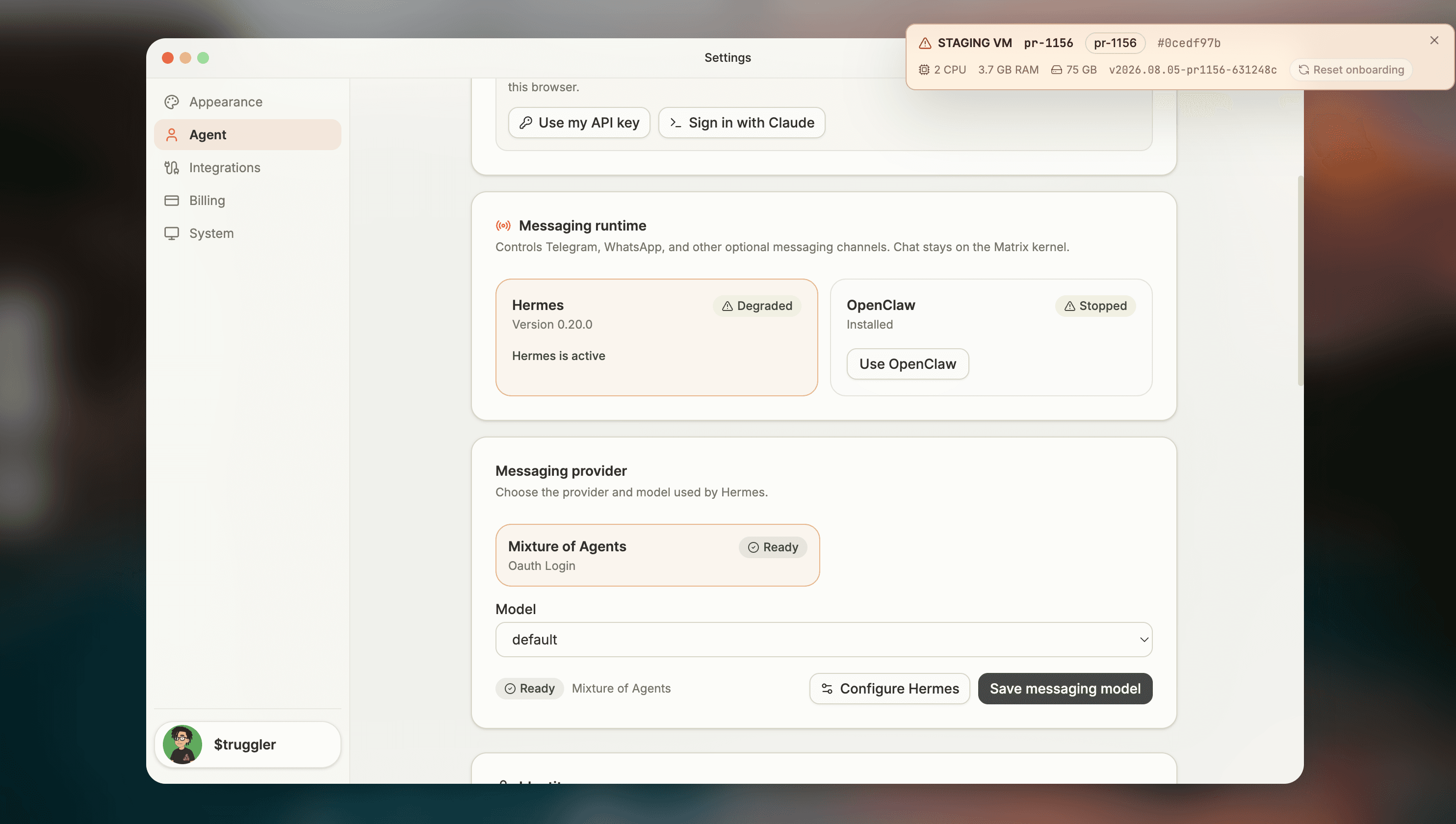 Hermes selected as the messaging runtime, with OpenClaw installed and stopped