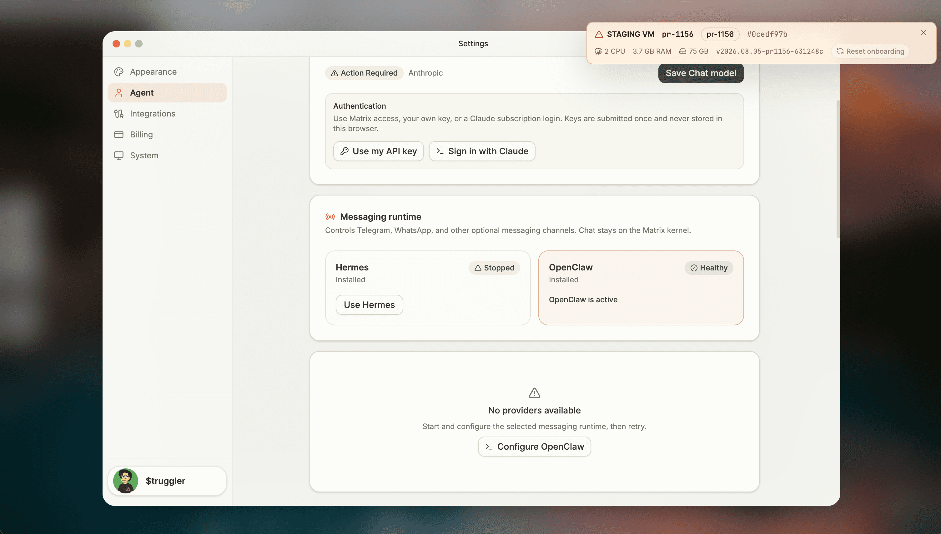 OpenClaw selected and healthy, with Hermes installed and stopped