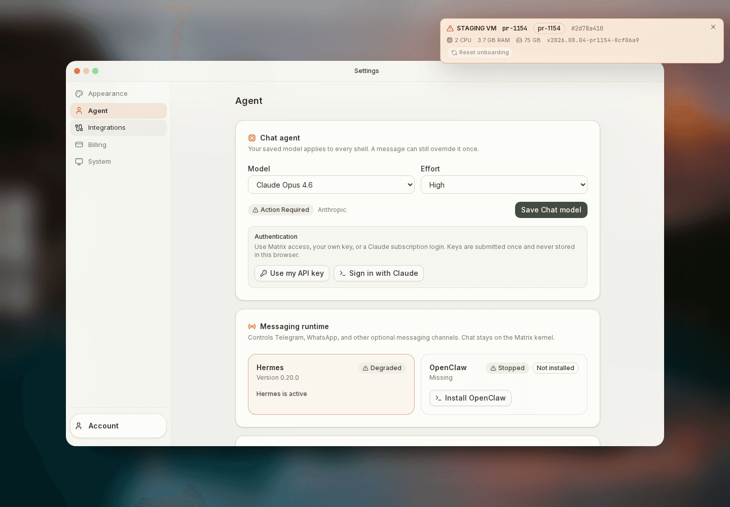 OpenClaw install action on the Agent settings page