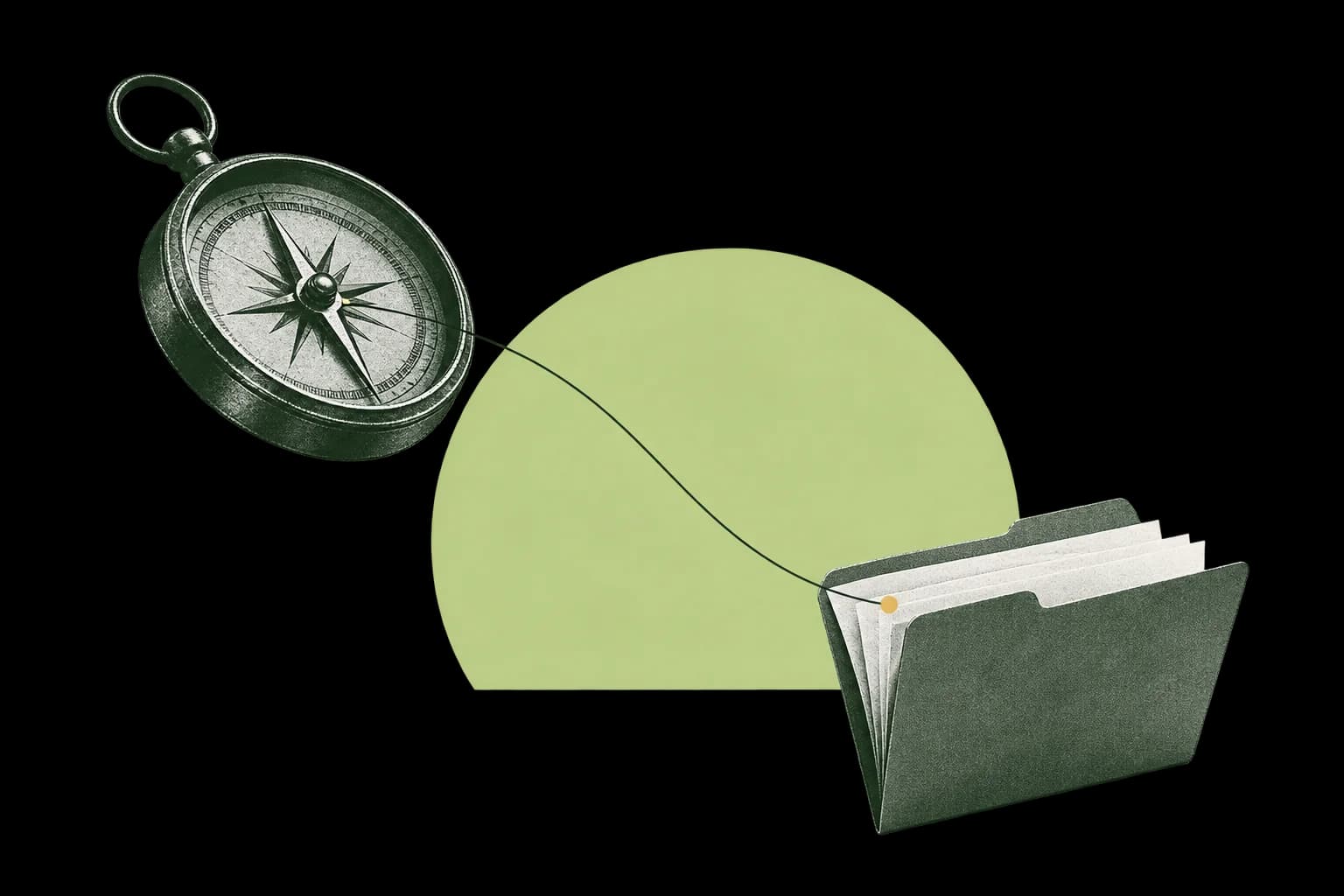 Minimal photographic collage of a compass linked to a paper folder