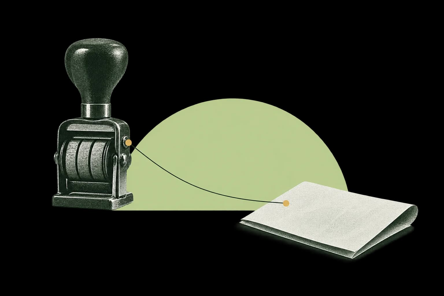 Minimal photographic collage of a mechanical stamp linked to a folded sheet