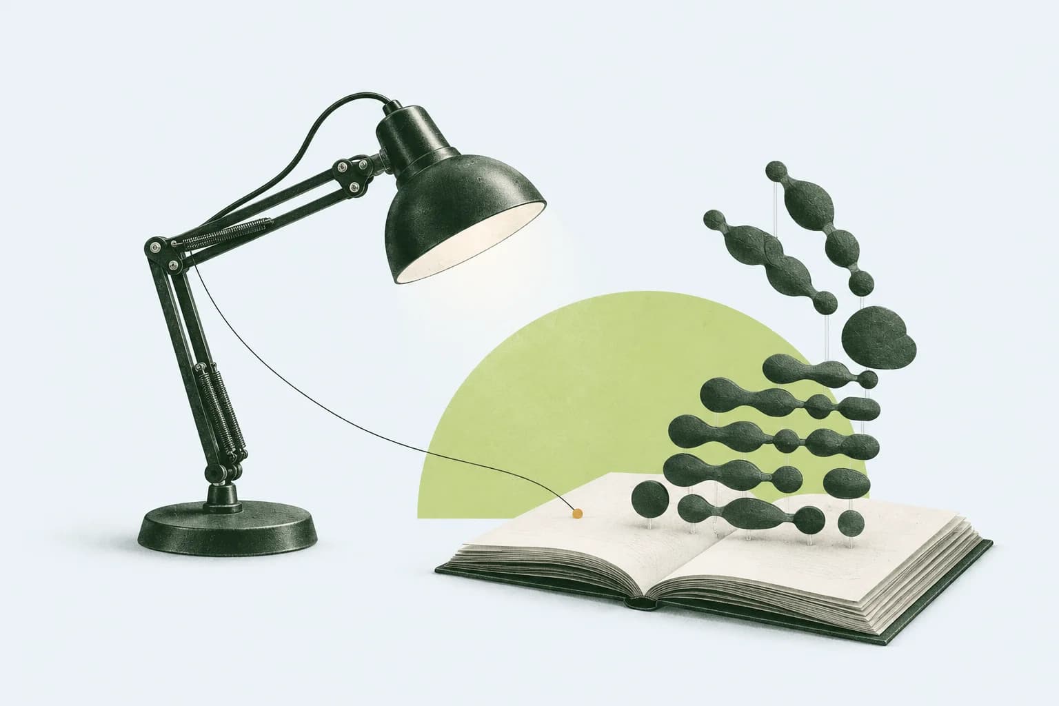 Editorial collage of a reading lamp illuminating a Matrix rabbit sculpture rising from an open book
