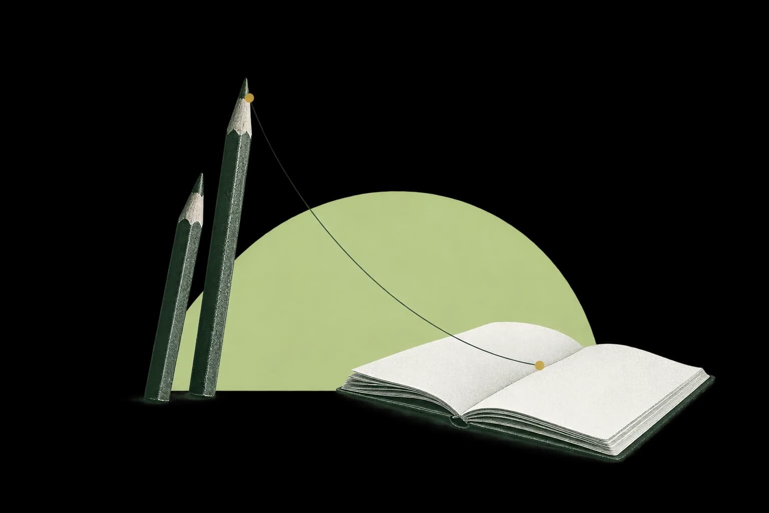 Minimal photographic collage of pencils and an open notebook