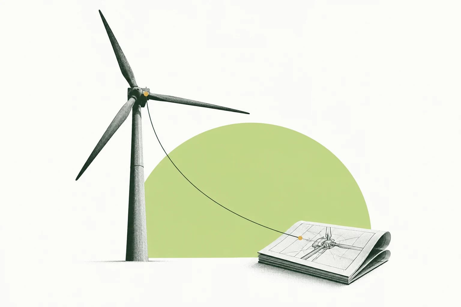 Editorial illustration of a wind turbine connected to its technical manual