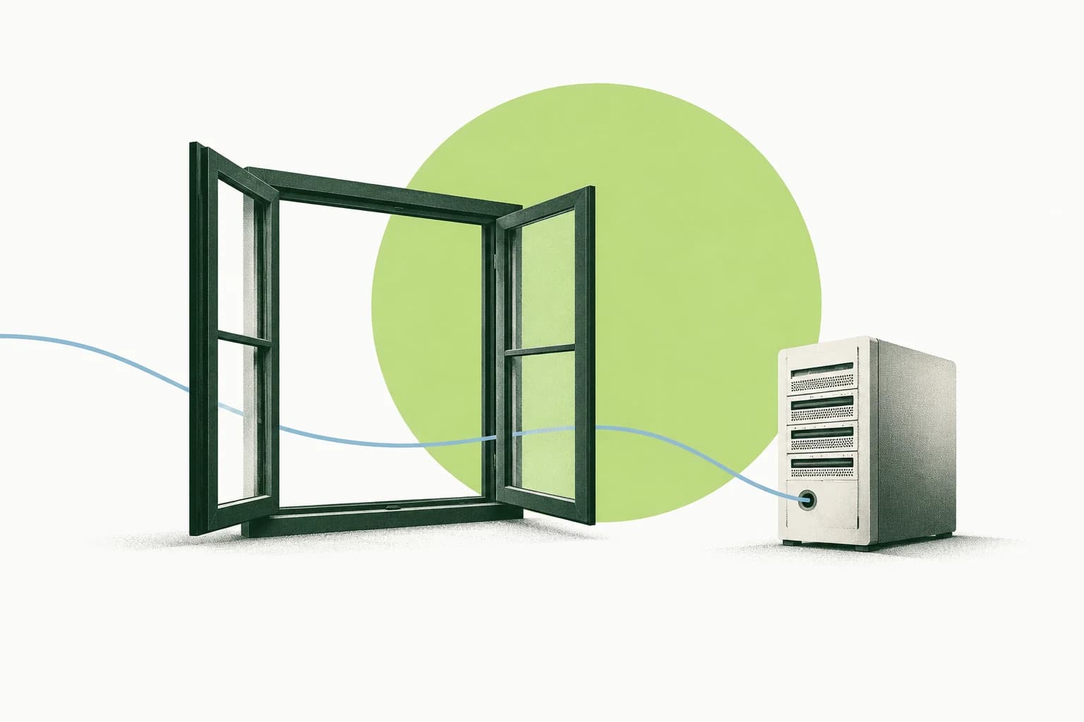 Minimal editorial illustration of an open workspace window connected to a server