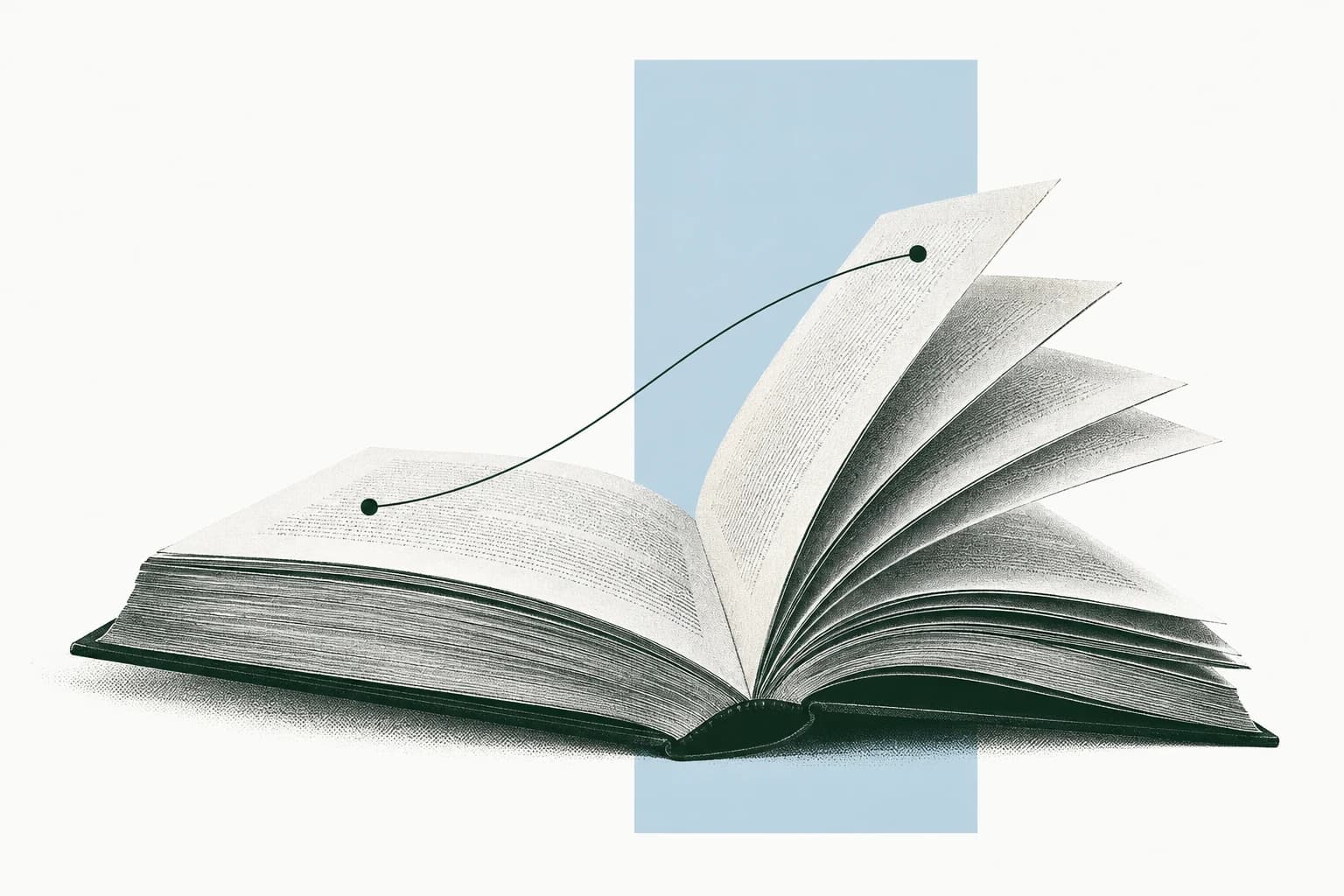Editorial illustration of an open law book linked to a sequence of source references
