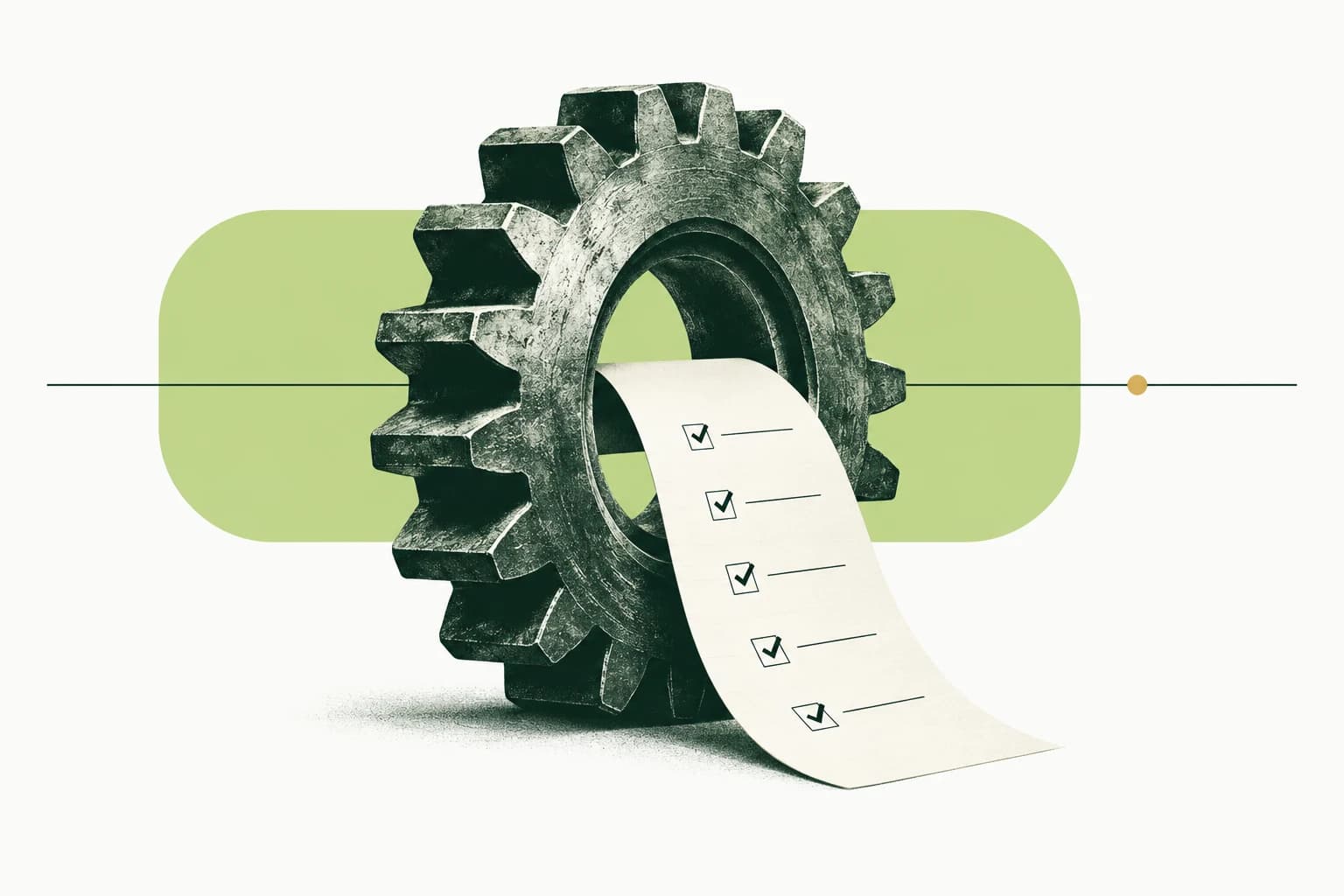 Editorial illustration of an industrial gear linked to a work-instruction sheet