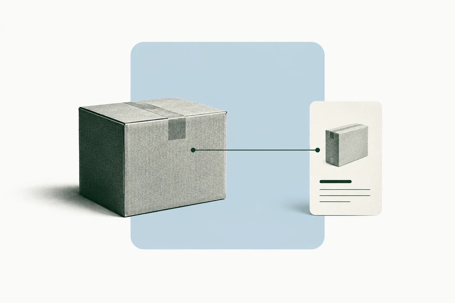 Editorial illustration of a product package linked to its catalog information card