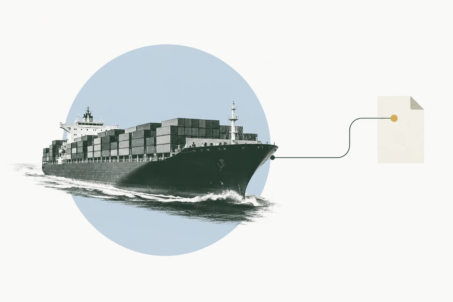 Editorial illustration of a cargo ship connected to a port-call document