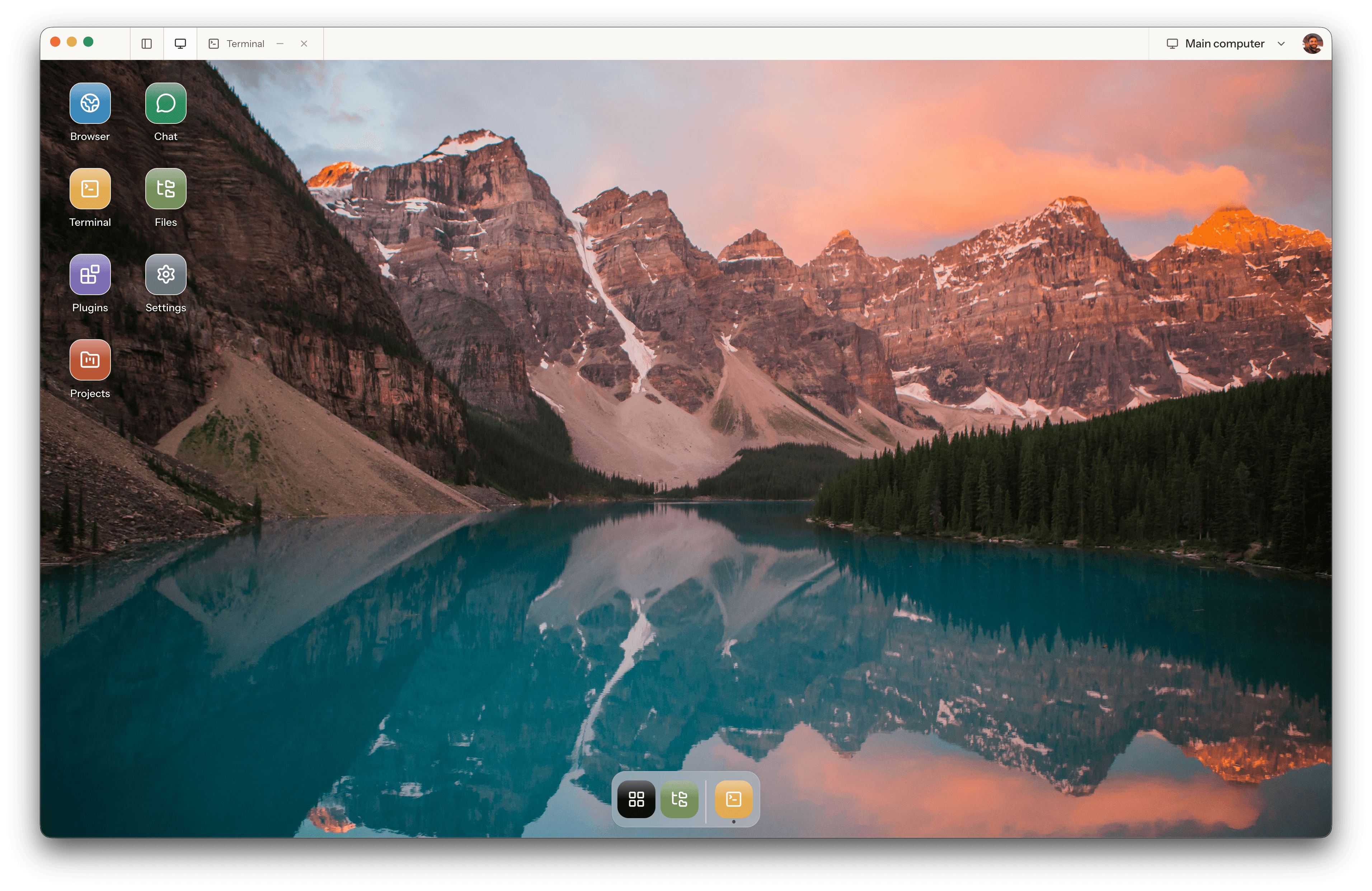 Matrix OS desktop with Browser, Chat, Terminal, Files, Plugins, Settings, and Projects