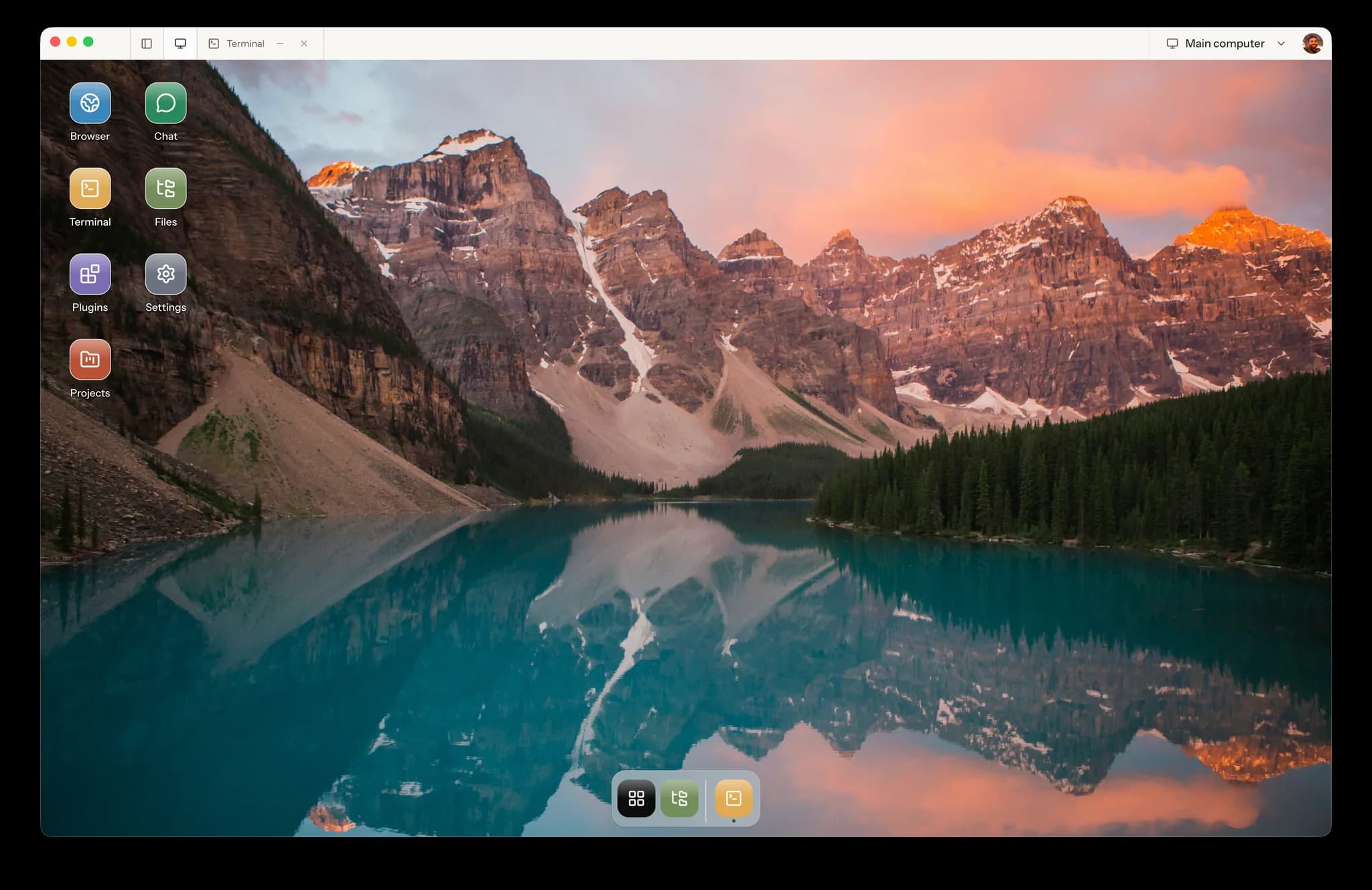 Matrix OS desktop with Browser, Chat, Terminal, Files, Plugins, Settings, and Projects