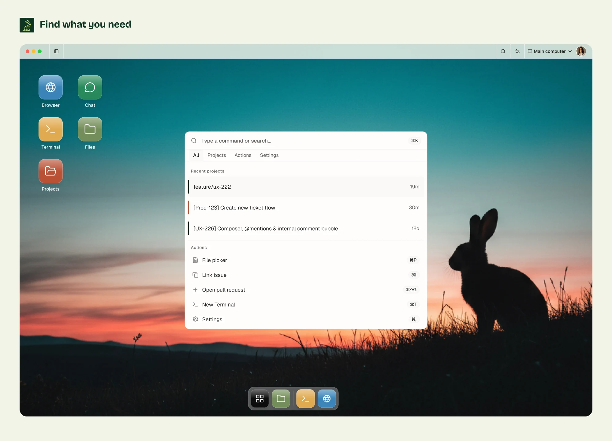 Matrix product mockup showing the command menu for navigating applications and workspace tools.