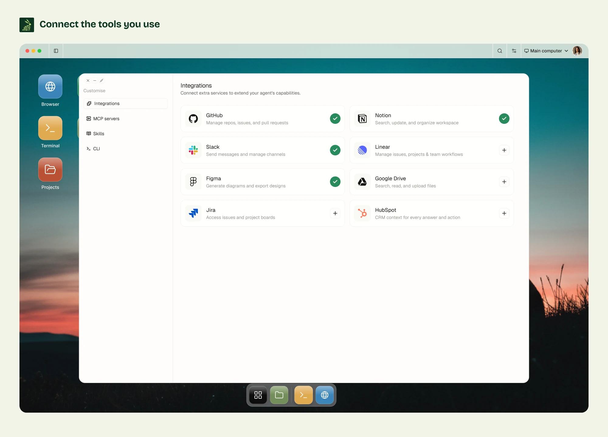Matrix product mockup showing its connected applications and integration settings.