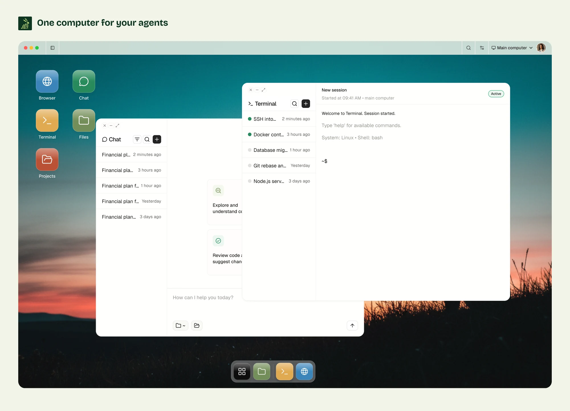 Illustrative Matrix terminal product mockup with a project and an agent session.