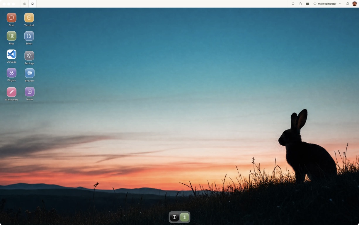 Matrix desktop app showing Terminal, Files, Editor and Chat launchers