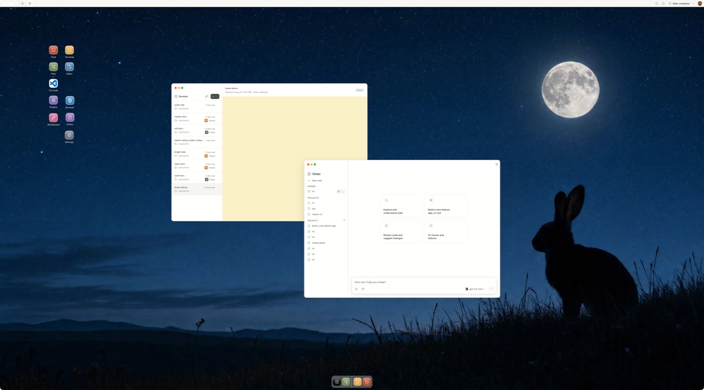 Matrix Desktop showing the workspace and agent session