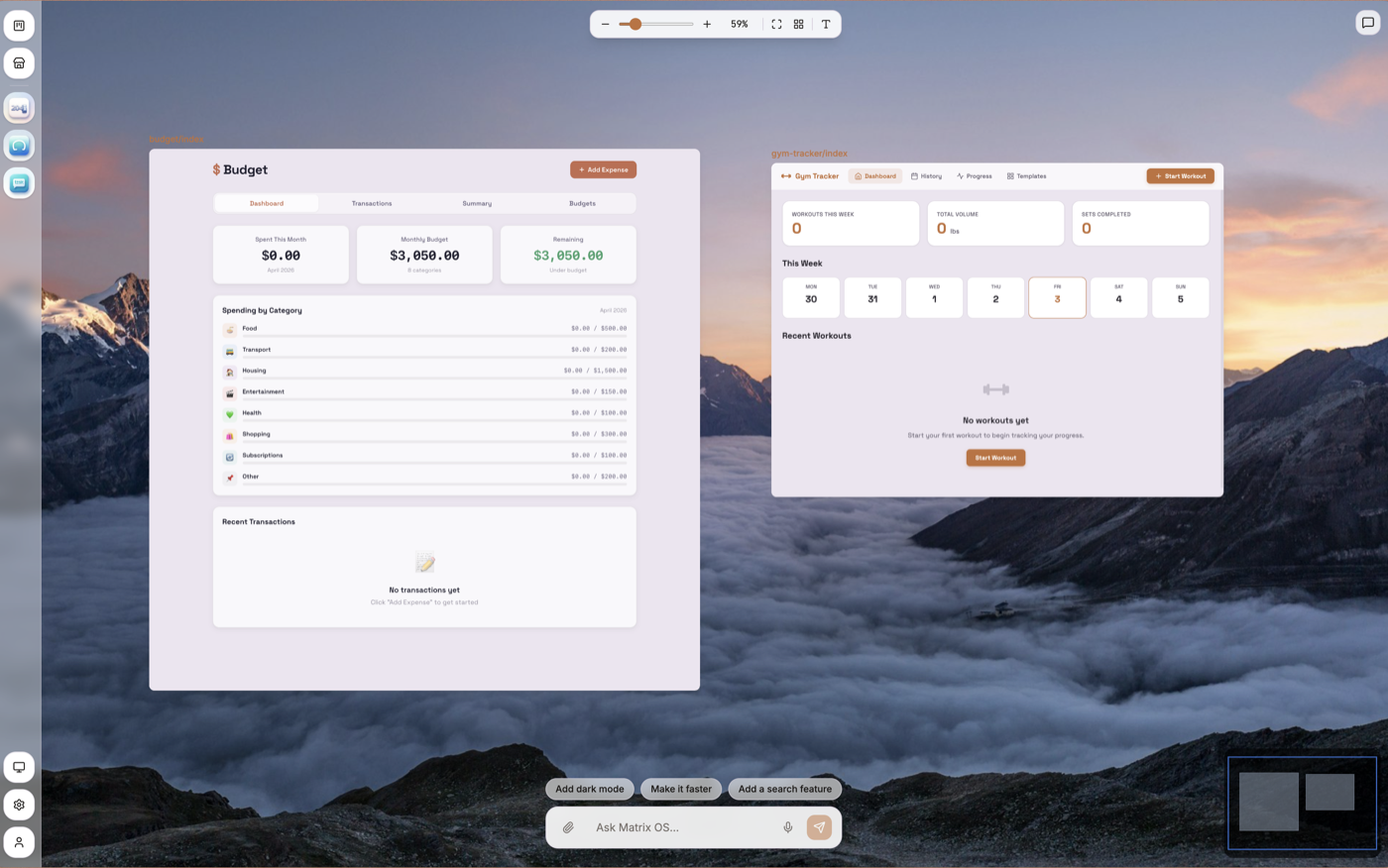 Matrix OS desktop showing a budget tracker and gym tracker app running side by side